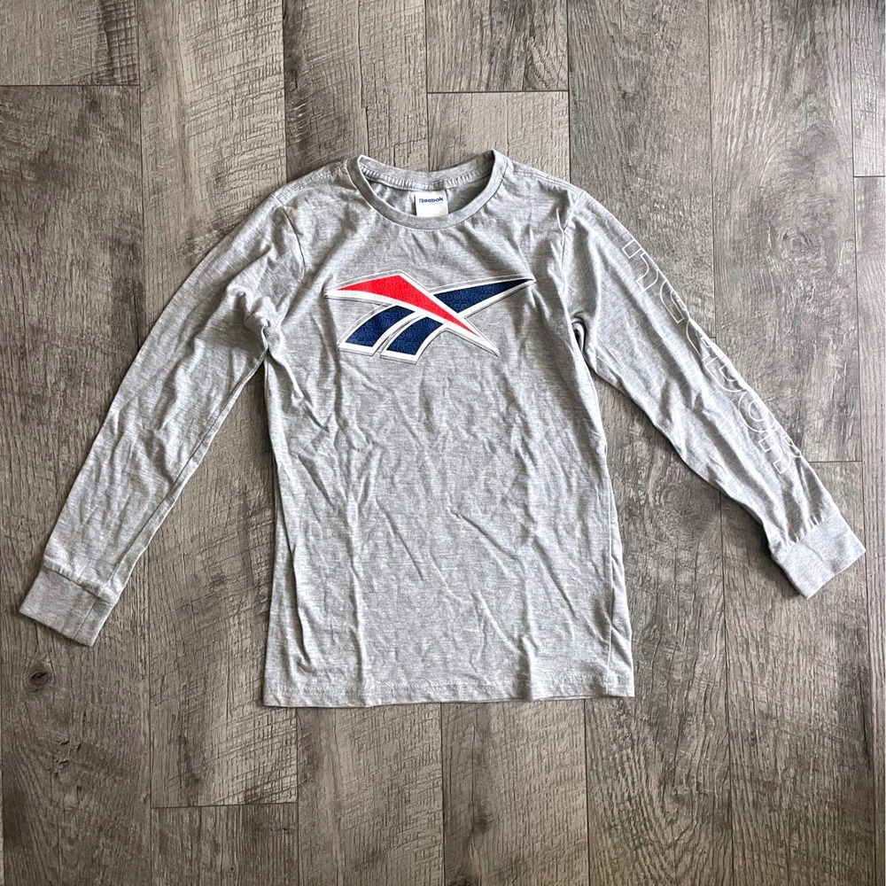 Reebok Classic Kids Heather Long Sleeve Vector Logo Graphic Tee Shirt M 10-12